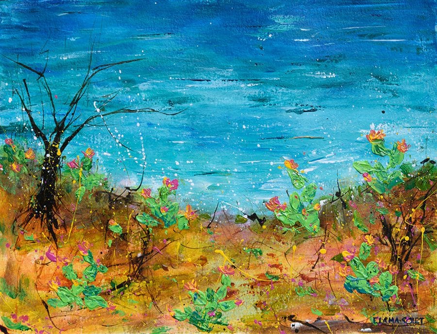 Original seascape painting with blooming cacti inspired by the California coast
