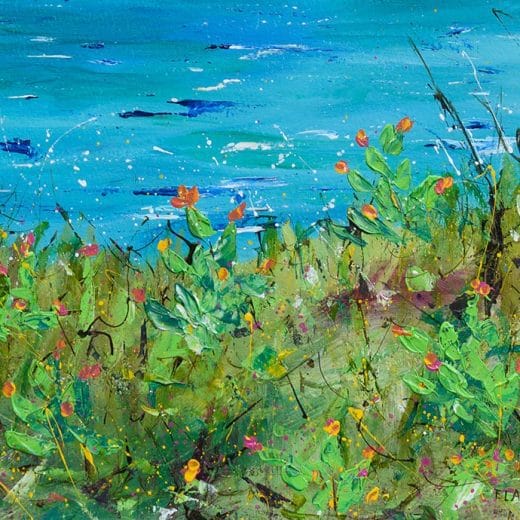 Original acrylic painting of a coastal view with blooming cacti