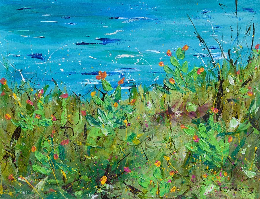 Original acrylic painting of a coastal view with blooming cacti