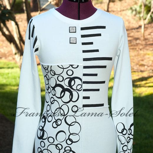 Women's handmade white and black long sleeve t-shirt, hand printed with bubbles and stripes patterns.