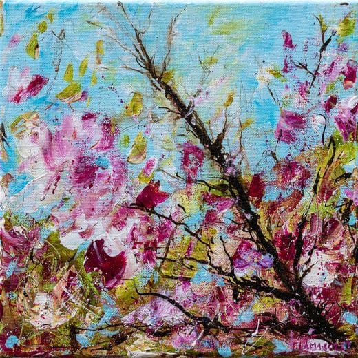 Inspired by the spring cherry blossoms, this original impressionist floral abstract painting is very serene, delicate and fresh.