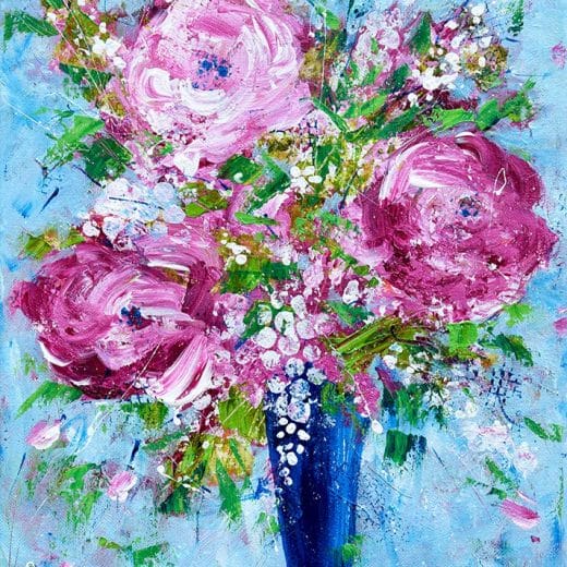 Original impressionist acrylic painting of a bouquet of roses in a blue vase