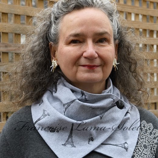 Women's gray and black button neck warmer scarf hand printed with the Eiffel Tower, Paris and Bonjour