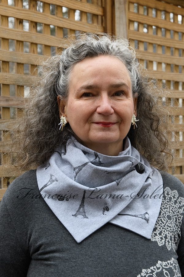 Women's gray and black button neck warmer scarf hand printed with the Eiffel Tower, Paris and Bonjour