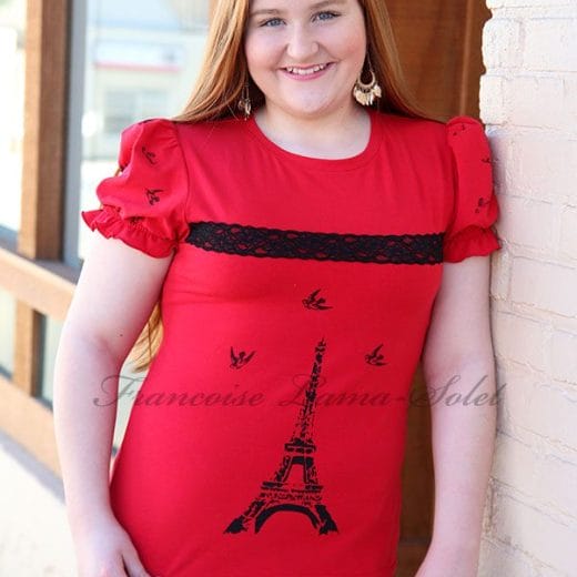 Womens' handmade red puff sleeve t-shirt hand printed with the Eiffel Tower and birds.