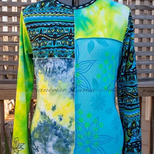 Women's colorful long sleeve t-shirt handmade with an Aztec print combined with hand printed and hand dyed fabrics.