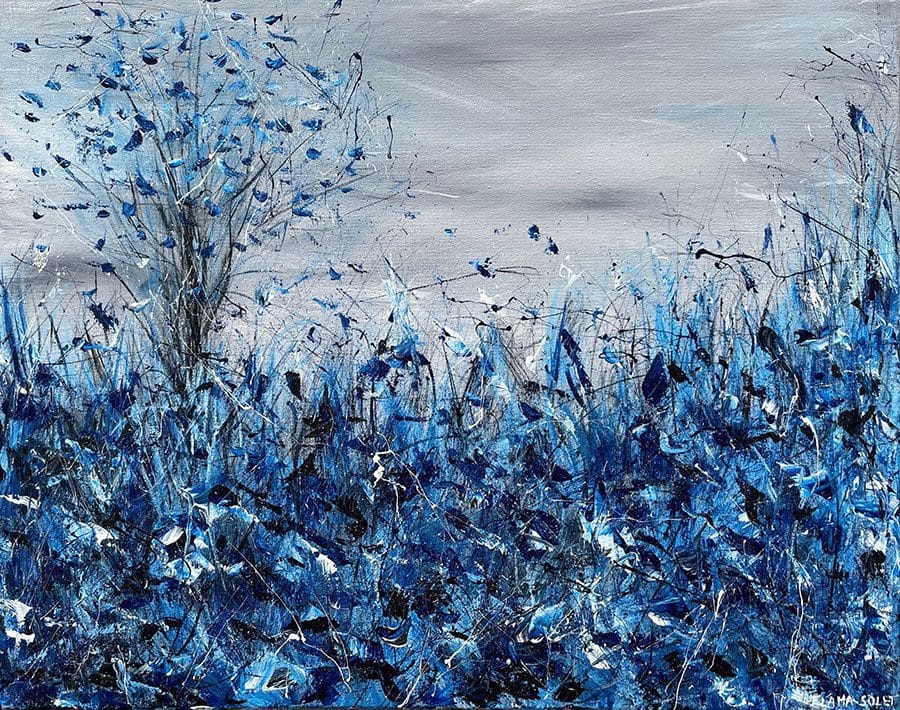 Dynamic monochromatic blue contemporary landscape painting