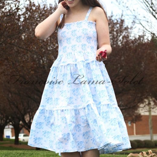 Romantic praire style tiered dress handmade with a blue and white floral cotton print