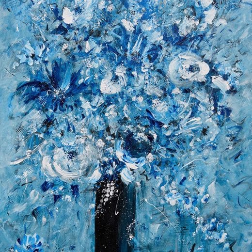 Dynamic original monochromatic blue wall art of a bouquet of flowers