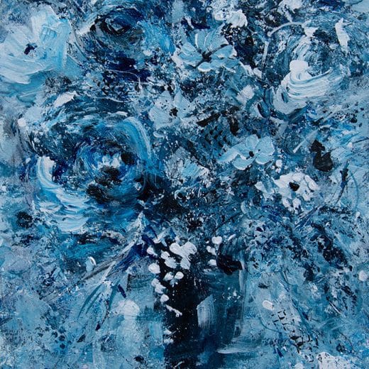 Original monochromatic painting of a blue bouquet of flowers