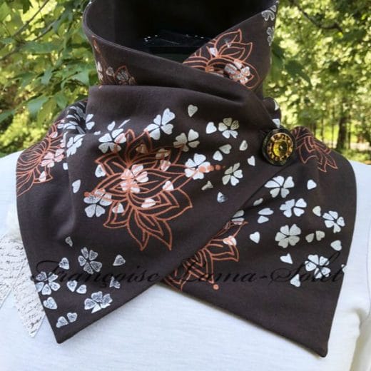 Women brown floral neck scarf handmade and hand printed with cherry blossoms and lotus flowers