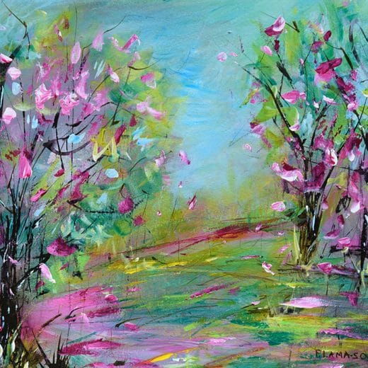 Vibrant impressionist landscape painting of cherry blossoms