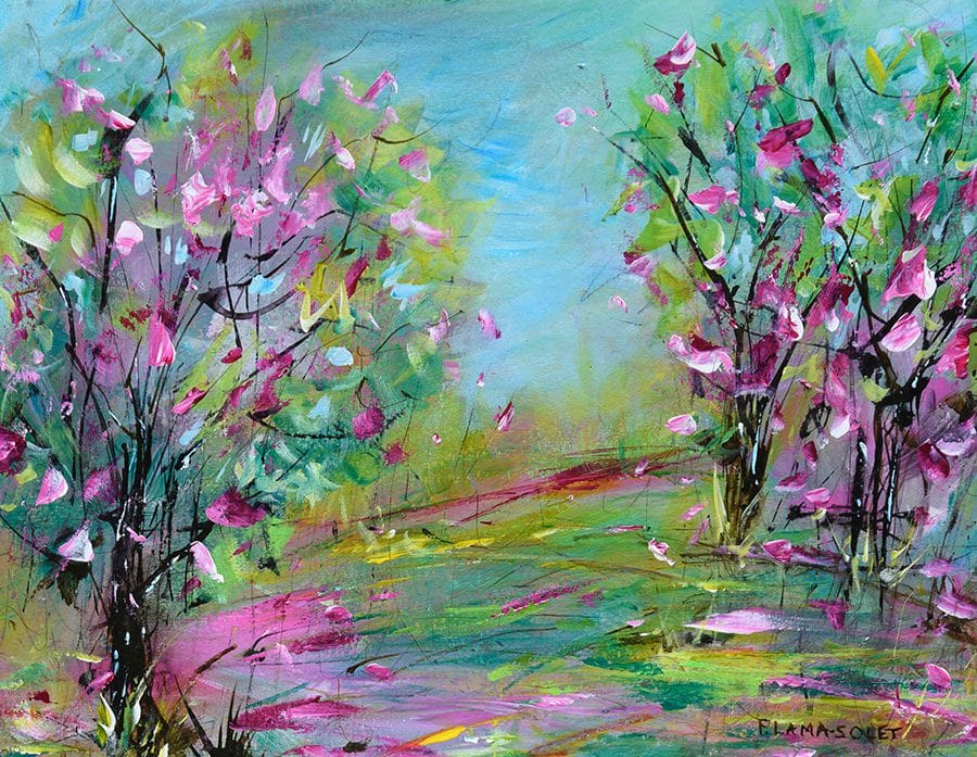 Vibrant impressionist landscape painting of cherry blossoms