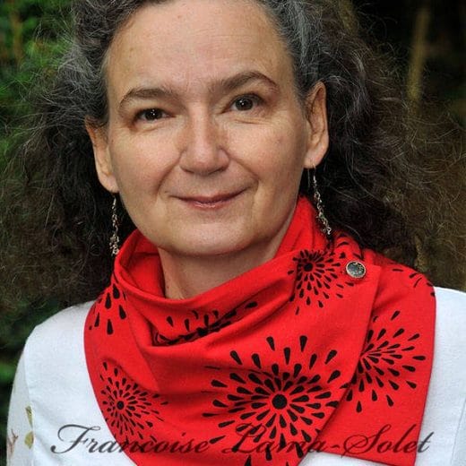 Women's red button neck scarf handmade and hand printed with black stars