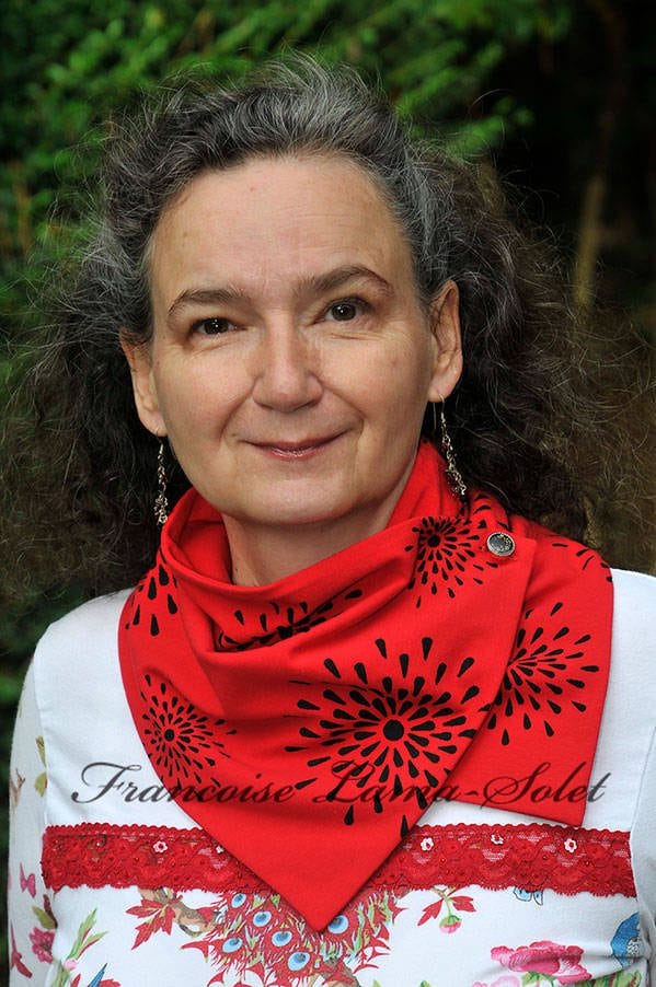 Women's red button neck scarf handmade and hand printed with black stars