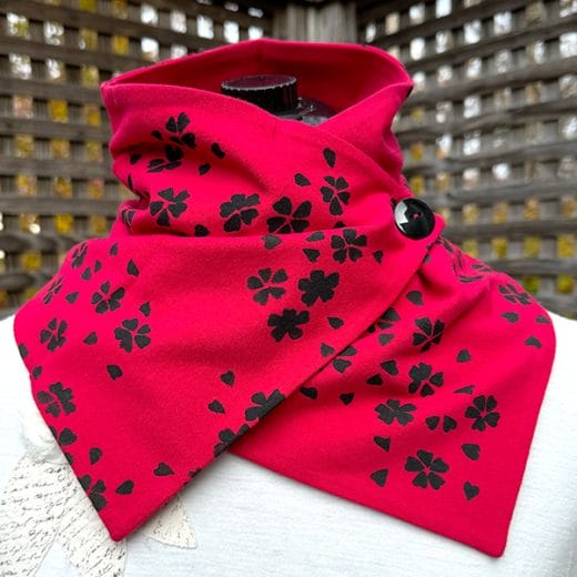 Women red neck warmer scarf handmade and hand printed with black blossoms