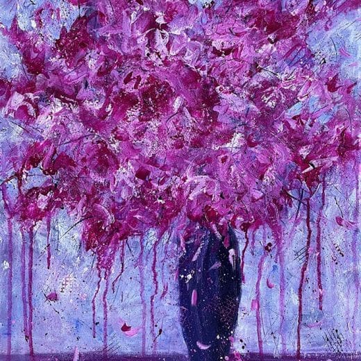 Contemporary monochromatic floral painting of a bouquet of flowers in a vase