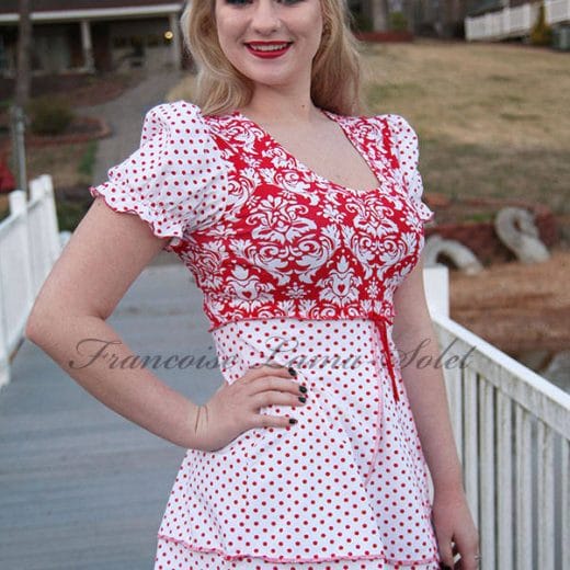 Women's puff sleeve empire waist tunic handmade with a combination of red and white polka dot and damask cotton lycra jerseys.