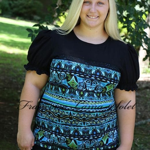 Women black and white puff sleeve t-shirt handmade with an aztec print cotton lycra jersey