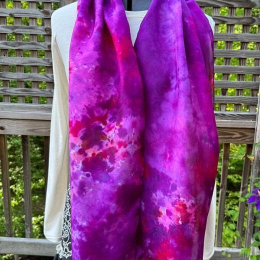 Stunning silk scarf ice dyed in different shades of pink and purple