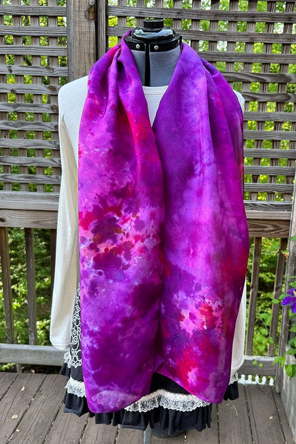 Stunning silk scarf ice dyed in different shades of pink and purple