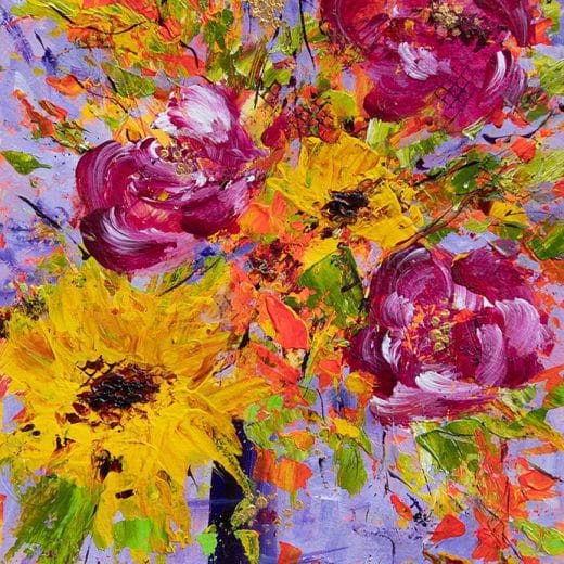 Vibrant impressionist painting of a flower bouquet featuring sunflowers and roses