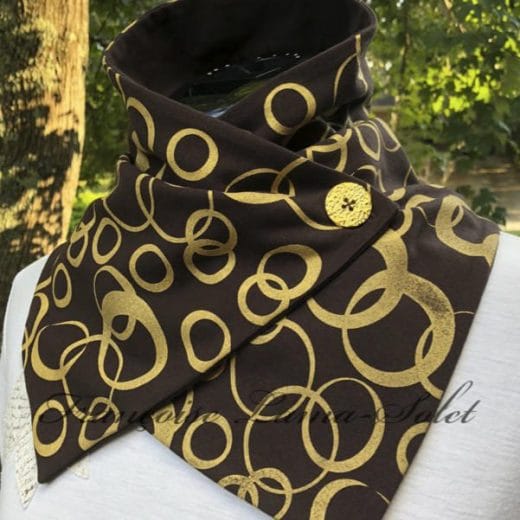 Women's brown neck scarf handmade and hand printed with a metallic gold bubble pattern.