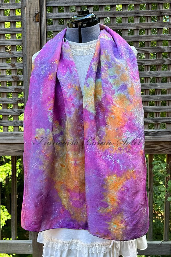 Stunning ice dyed silk scarf in different shades of purple, pink, coral, and more.