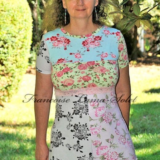 Women patchwork short sleeve tunic handmade with a mix of floral cotton jersey fabrics.
