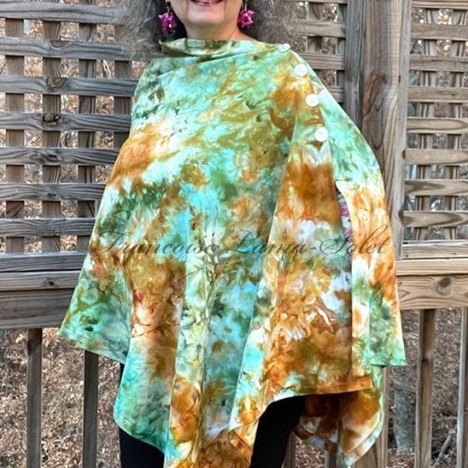 Women's green and brown gold poncho cape with button, handmade and ice dyed.