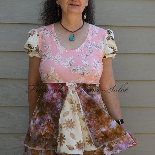 Women floral puff sleeve tunic with empire waist handmade with hand printed and hand dyed cotton lycra jerseys.