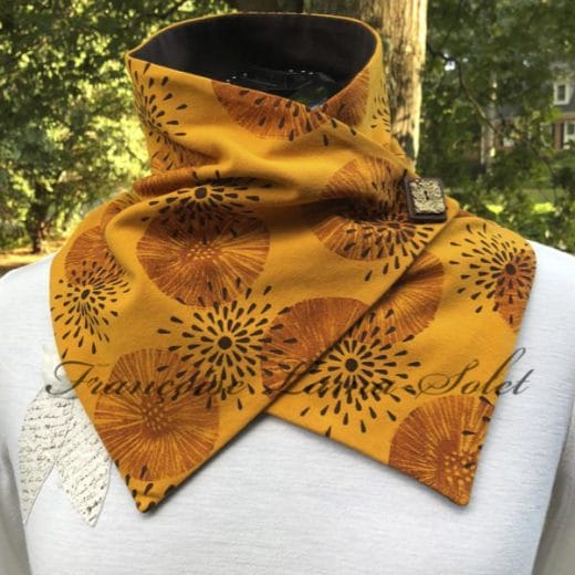 Women's autumn mustard button neck scarf handmade and hand printed