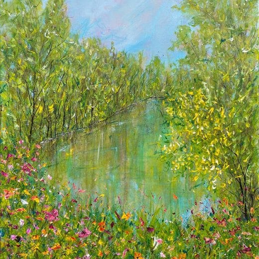 Calming impressionist landscape painting inspired by a tour boat on a canal
