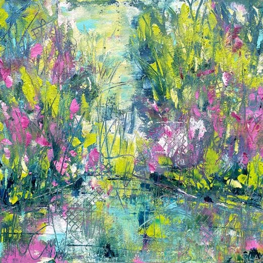 Vibrant Contemporary impressionist abstract landscape painting picturing a lake scenery