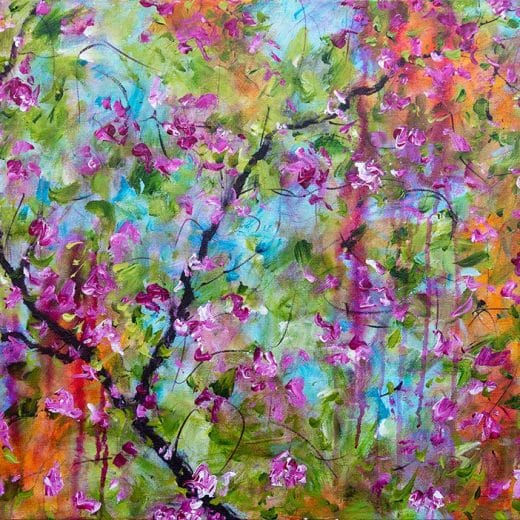 Vibrant and dynamic original abstract acrylic floral painting of spring blossoms