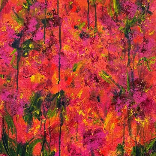 Original abstract floral painting in vibrant shades of pink, orange, yellow and green