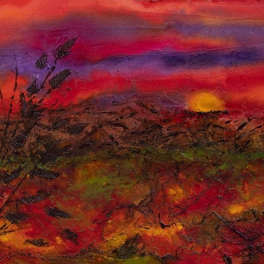 Original mixed media acrylic painting featuring a landscape in a sunset