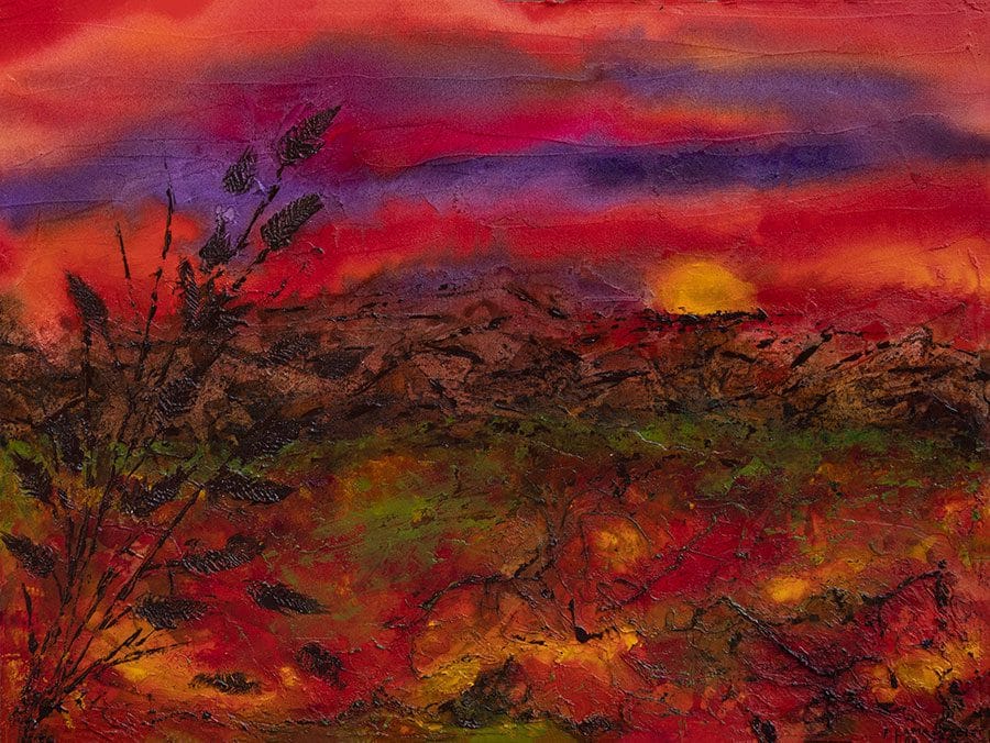 Original mixed media acrylic painting featuring a landscape in a sunset