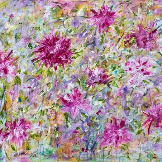 Abstract floral painting featuring vibrant pink blooms with layered brushstrokes, soft pastel tones, and intricate details on a 36x48 gallery-wrapped canvas.