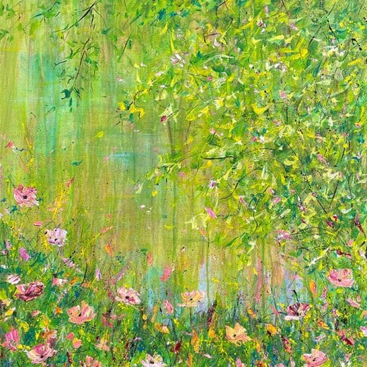 Original landscape impressionist painting featuring a flower meadow and water refection