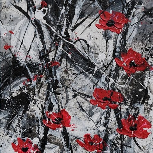 Black, white, silver and red contemporary painting with red poppy flowers