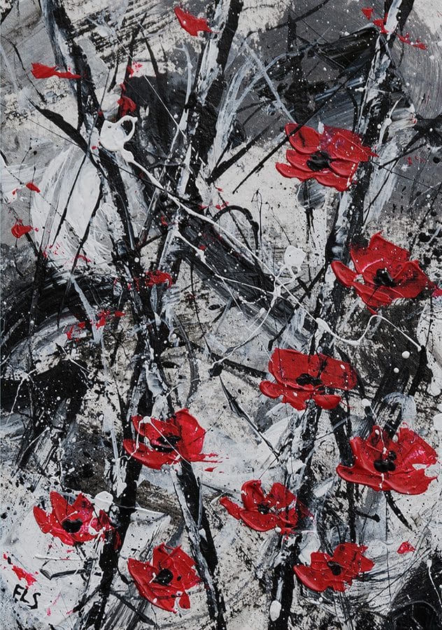 Black, white, silver and red contemporary painting with red poppy flowers