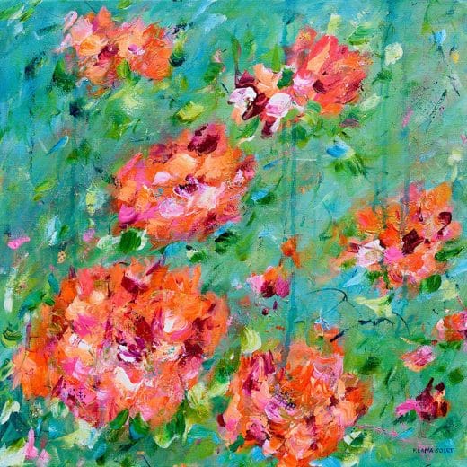 Vibrant and dynamic abstract floral painting in different shades of greens, aqua, orange and pinks