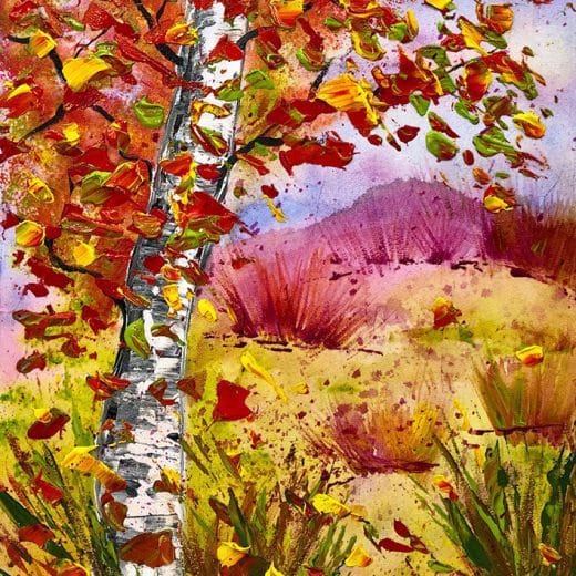 Original landscape painting featuring a birch tree in the fall