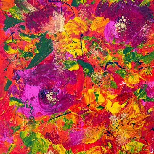 Vibrant abstract floral painting on watercolor paper
