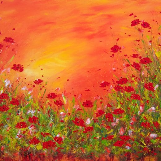 Original acrylic impressionist landscape painting of a sunset over a poppy field