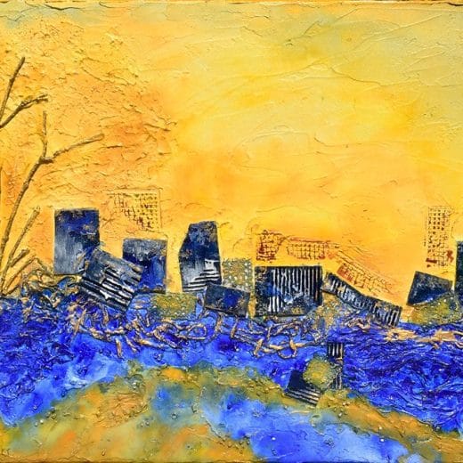 Blue and yellow Mixed media acrylic painting of an imaginary city
