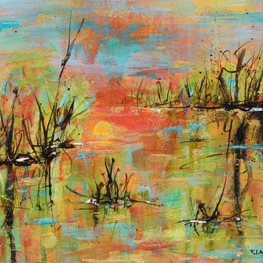 Vibrant original impressionist painting of a sunset over a marsh hand painted on watercolor paper