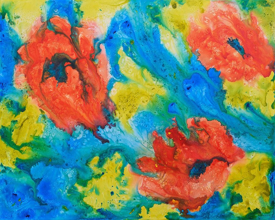 Vibrant abstract floral painting of California poppies on canvas 30"x 40"