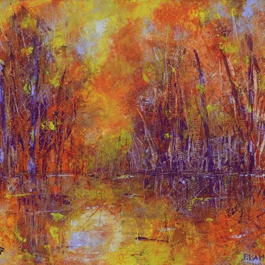 Vibrant original impressionist oil and cold wax painting of a Lakeview scenery with autumnal vibes